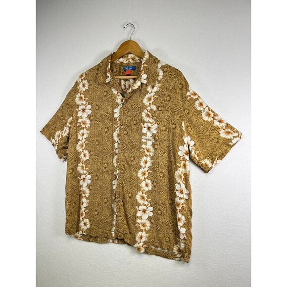 Puritan mens brown white floral Hawaiian size large vacation ￼ - Picture 2 of 8